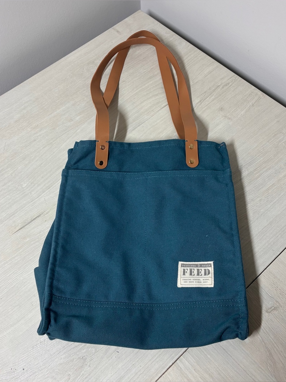 FEED Projects Canvas Market Tote Bag Teal Blue Vegan Leather Shopper Structured